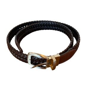 Men's Brown Braided Leather‎ Trim Belt Size 36 Classic Basic Silver Buckle